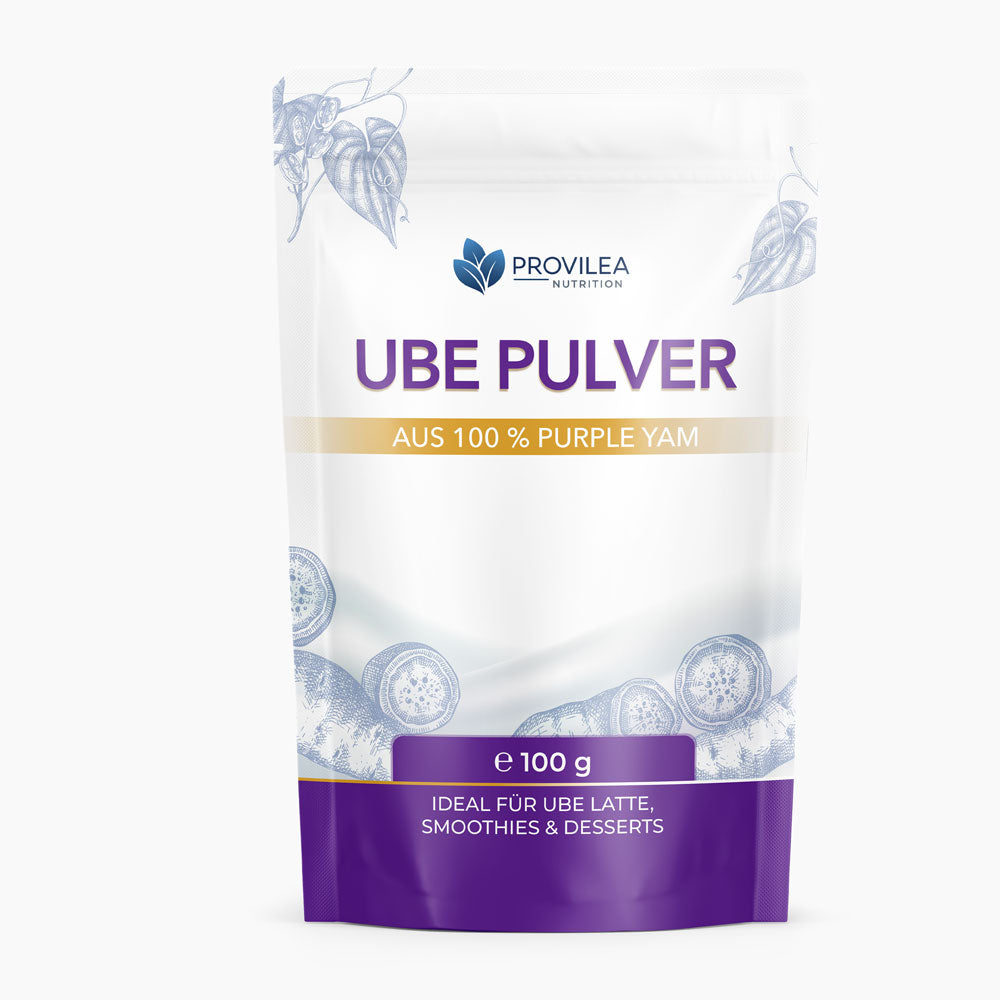 Provilea Nutrition Ube Pulver im weißen Beutel mit lila Akzenten und 100 Gramm Inhalt frontal