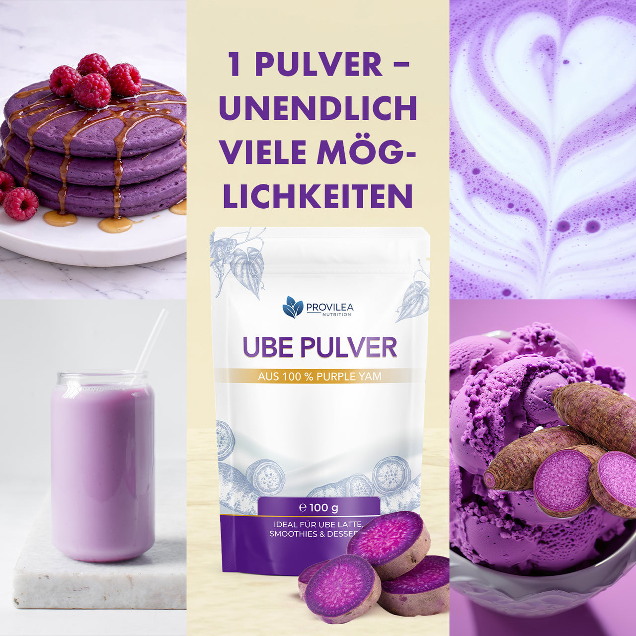 Collage mit Provilea Nutrition Ube Pulver, violetten Speisen, Getränk, Eis und Purple Yam als Zutatenidee