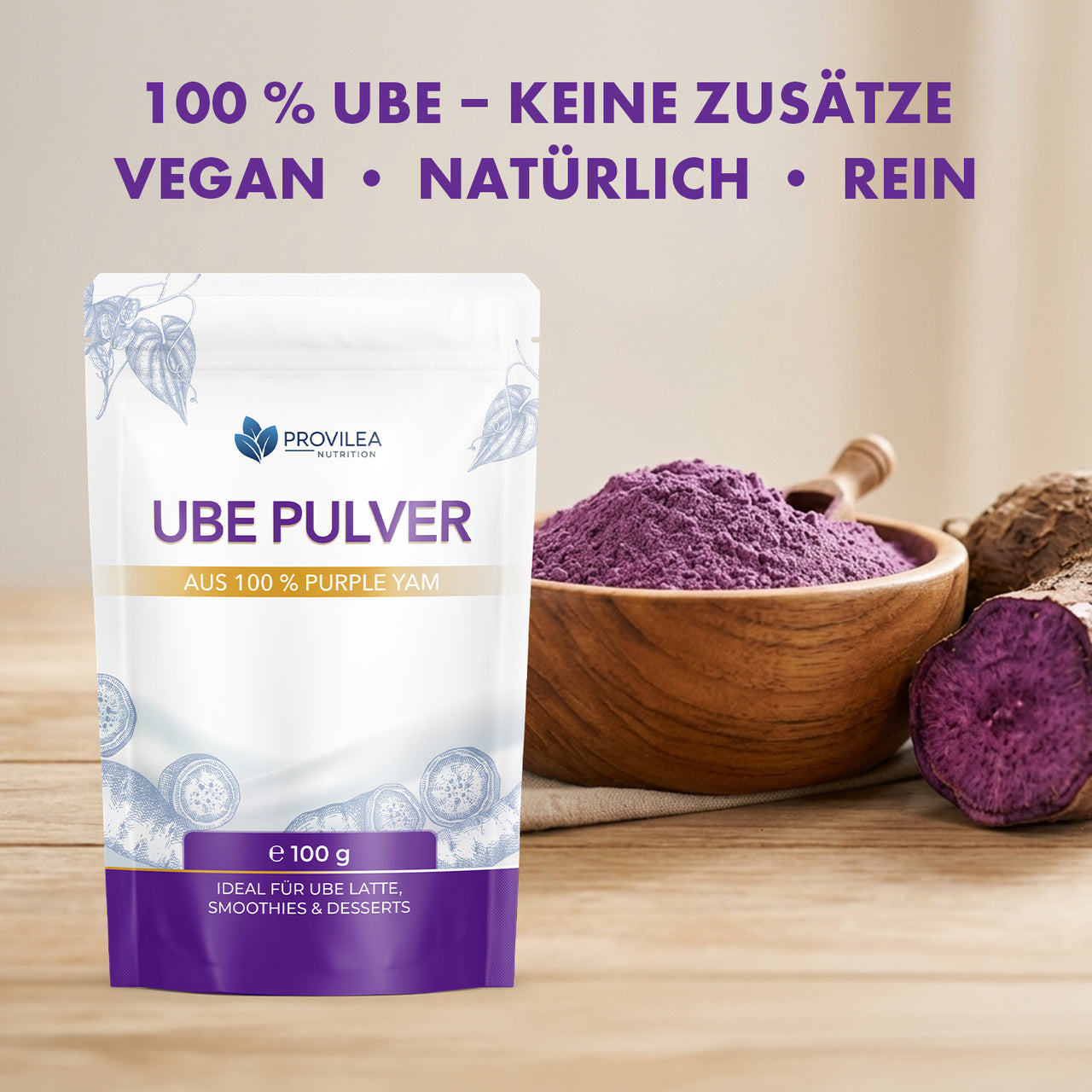 Provilea Nutrition Ube Pulver im Beutel, violettem Yam-Pulver in Holzschale und veganem Hinweis