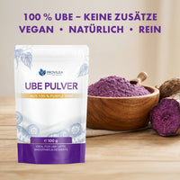 Thumbnail for Provilea Nutrition Ube Pulver im Beutel, violettem Yam-Pulver in Holzschale und veganem Hinweis