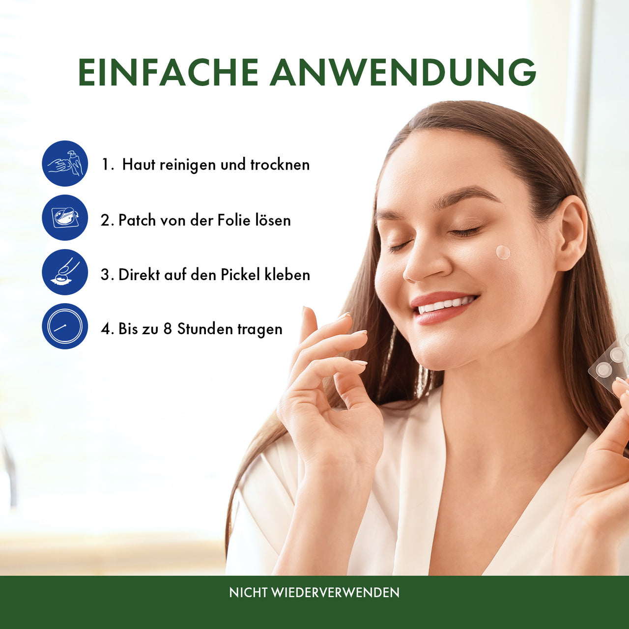 Frau mit transparentem Pickel Patch im Gesicht mit Anleitung zur Anwendung der Pickel Patches