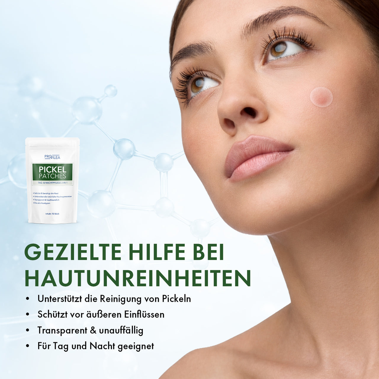 Gesicht einer Frau mit transparentem Pickel Patch auf der Wange und Produkt Provilea Pickel Patches