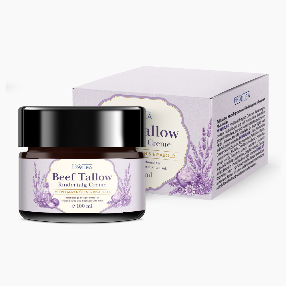 Rindertalg Creme von PROVILEA im Tiegel vor Produktkarton mit Beef Tallow Etikett und Lavendelmotiv