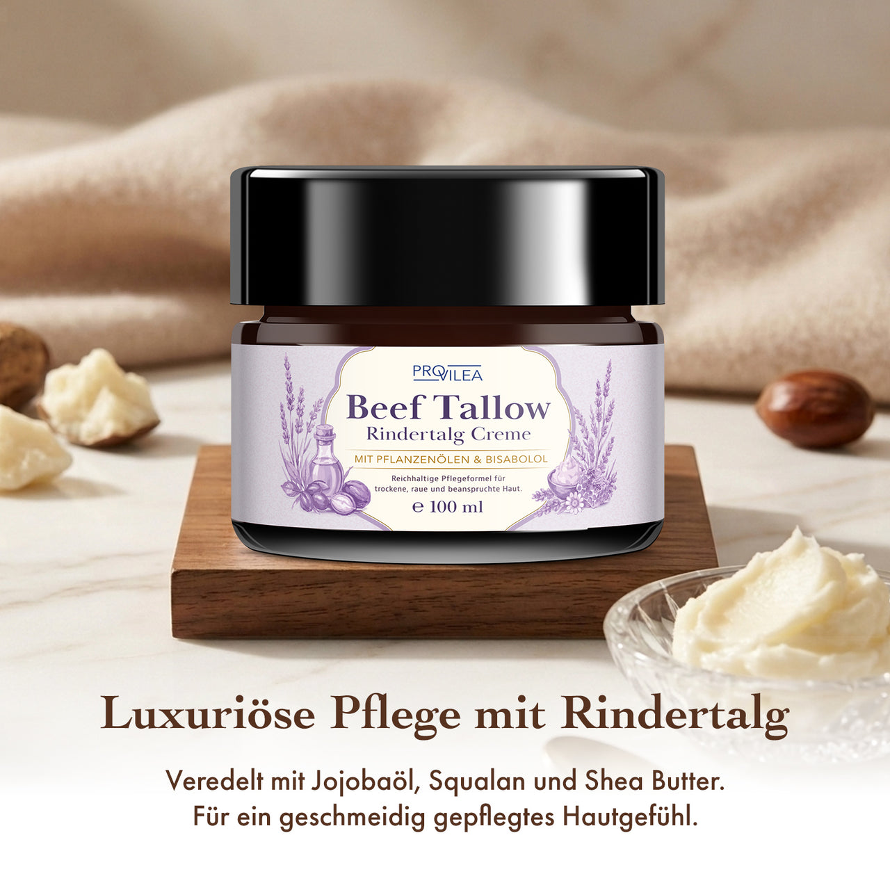 Rindertalg Creme von PROVILEA im Tiegel mit Jojobaöl, Squalan und Sheabutter als Pflegeszene
