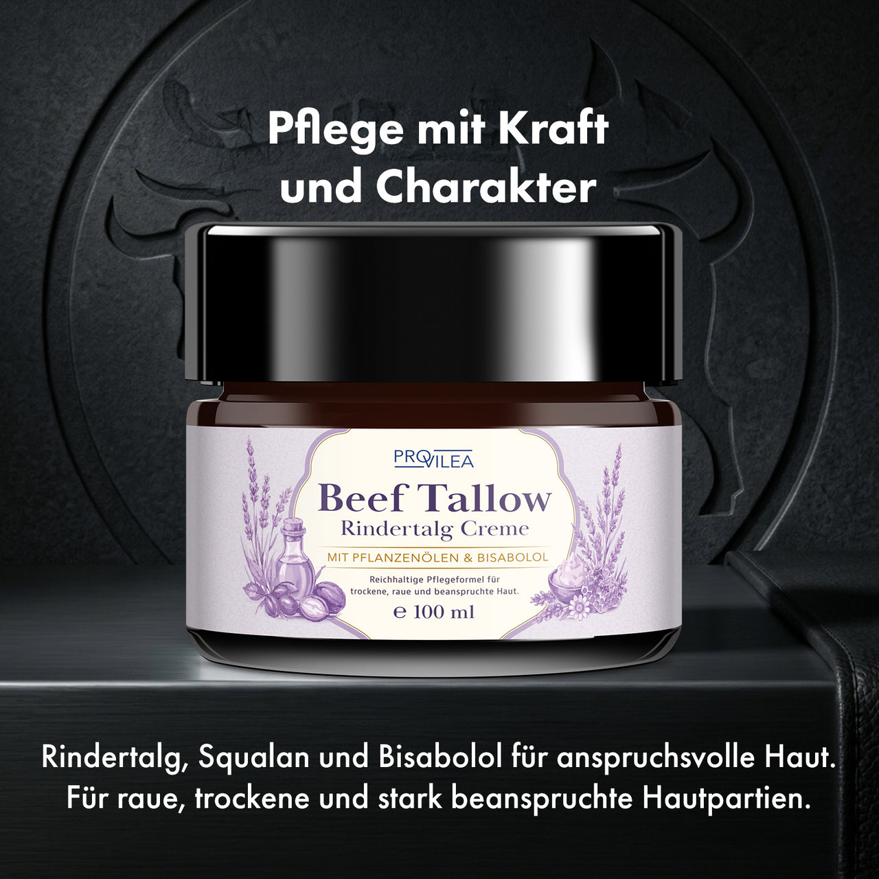 PROVILEA Beef Tallow Creme 100 ml mit Rindertalg, Squalan und Bisabolol auf schwarzem Grund