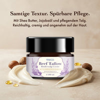 Thumbnail for PROVILEA Beef Tallow Creme 100 ml vor cremiger Textur mit Öltropfen auf beigem Grund