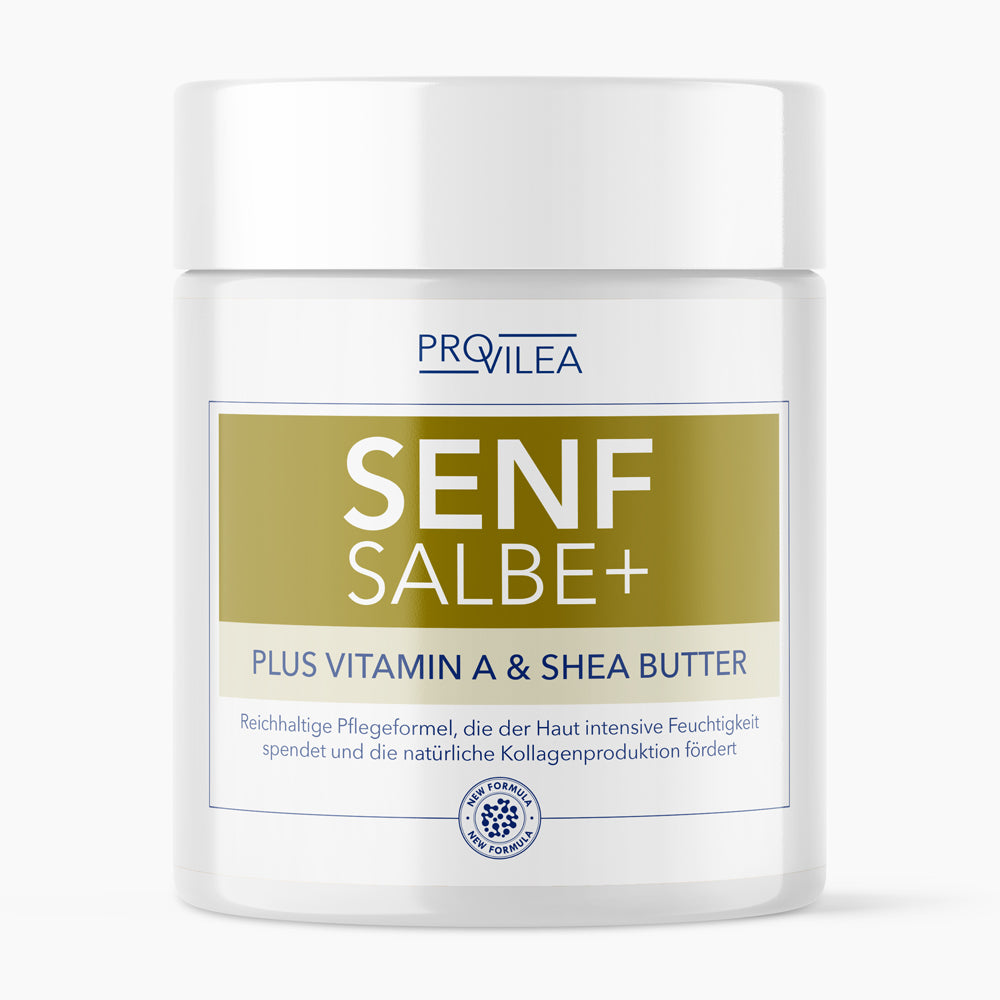 Weiße Kunststoffdose mit Aufschrift SENFSALBE+ Vitamin A und Sheabutter von PROVILEA