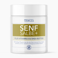 Thumbnail for Weiße Kunststoffdose mit Aufschrift SENFSALBE+ Vitamin A und Sheabutter von PROVILEA