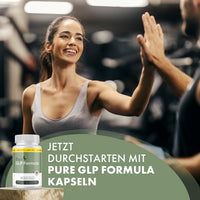 Thumbnail for Frau im Fitnessstudio gibt High Five neben Dose Pure GLP Formula Kapseln mit Aufdruck Jetzt durchstarten