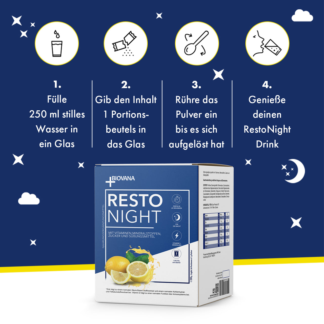 Verpackung RESTO NIGHT mit grafischer Schritt-für-Schritt-Anleitung zum Anmischen eines Getränks