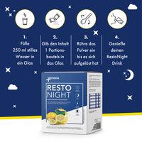 Thumbnail for Verpackung RESTO NIGHT mit grafischer Schritt-für-Schritt-Anleitung zum Anmischen eines Getränks