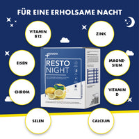 Thumbnail for RESTO NIGHT Einzelbeutel mit Zitronenabbildung umgeben von Kreisen mit Inhaltsstoffen auf