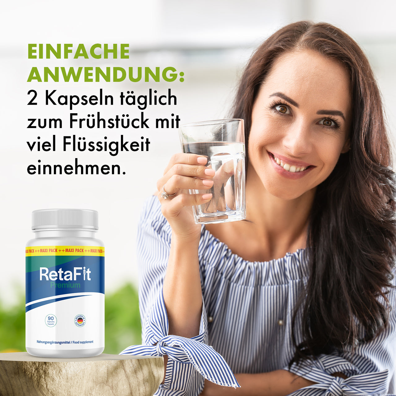 Frau hält ein Glas Wasser neben Dose RetaFit Premium mit sichtbarem Einnahmehinweis im Bild