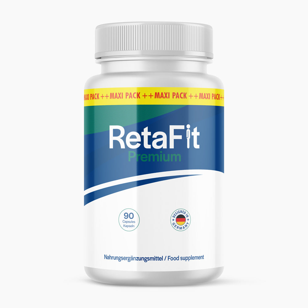 Dose RetaFit Premium mit 90 Kapseln und weißem Deckel auf hellem Hintergrund dargestellt