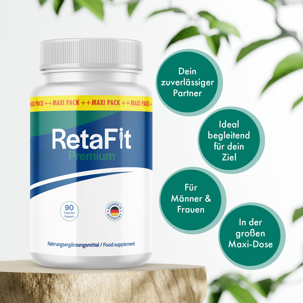 Dose RetaFit Premium mit 90 Kapseln auf Holzpodest und sichtbaren Produktmerkmalen im Hintergrund