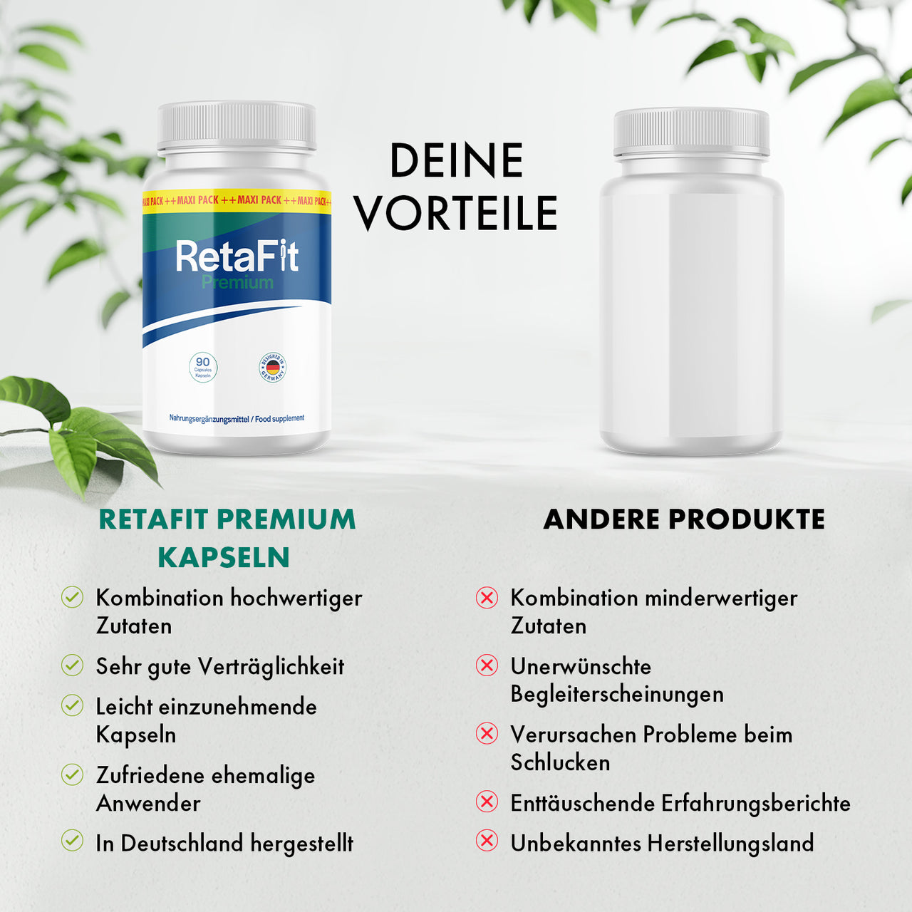 RetaFit Premium wird einer neutralen Dose mit Listen zu Vorteilen und Nachteilen gegenübergestellt