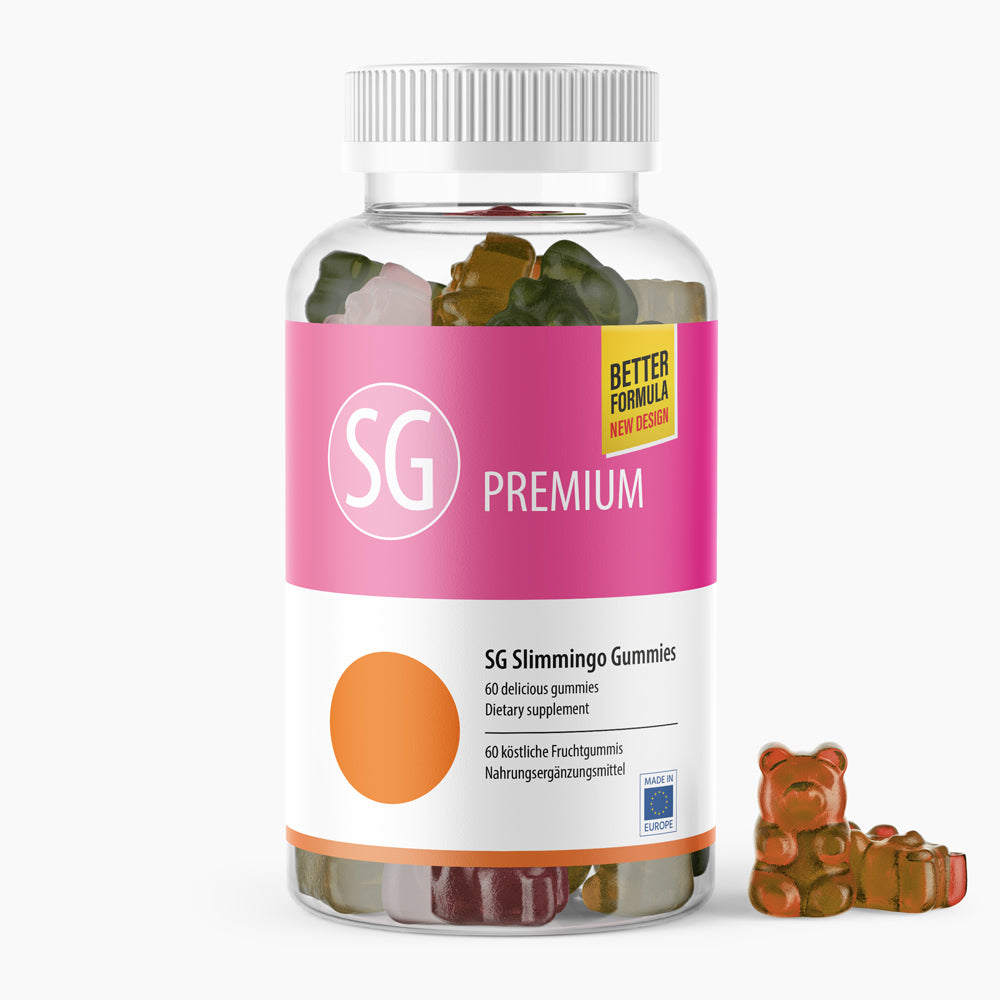 Klare Kunststoffdose mit pinkem Etikett SG Premium mit 60 Fruchtgummis und sichtbaren Gummibärchen daneben