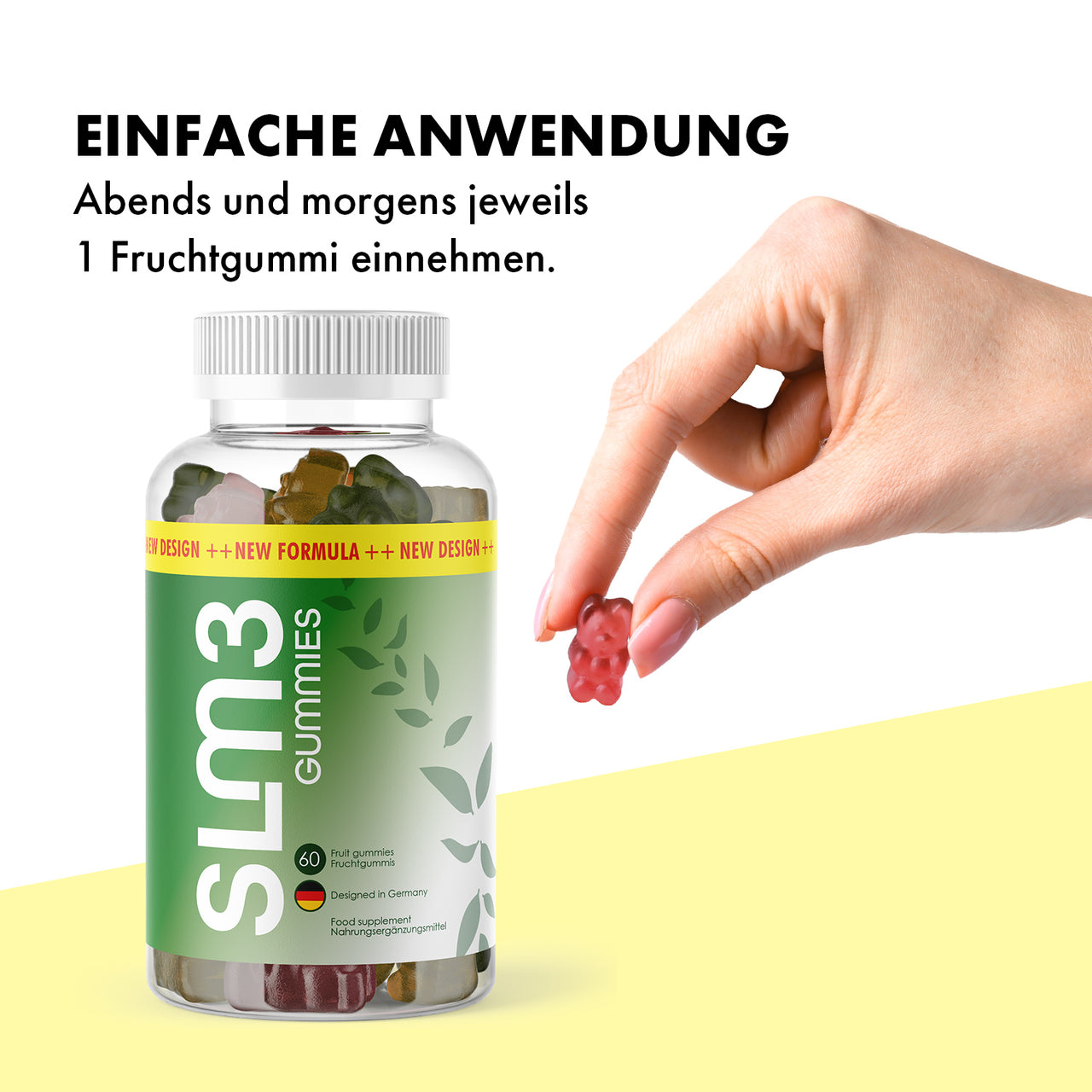 Hand hält rotes Fruchtgummi neben Slm3 Gummies Dose mit Einnahmehinweis morgens und abends