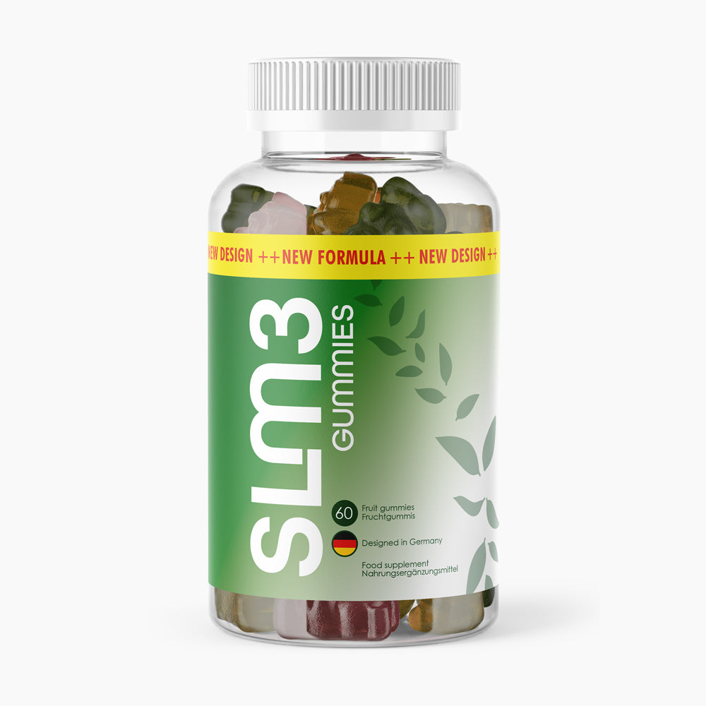 Slm3 Gummies Dose mit grünem Etikett, sichtbaren Fruchtgummis und weißem Schraubdeckel oben