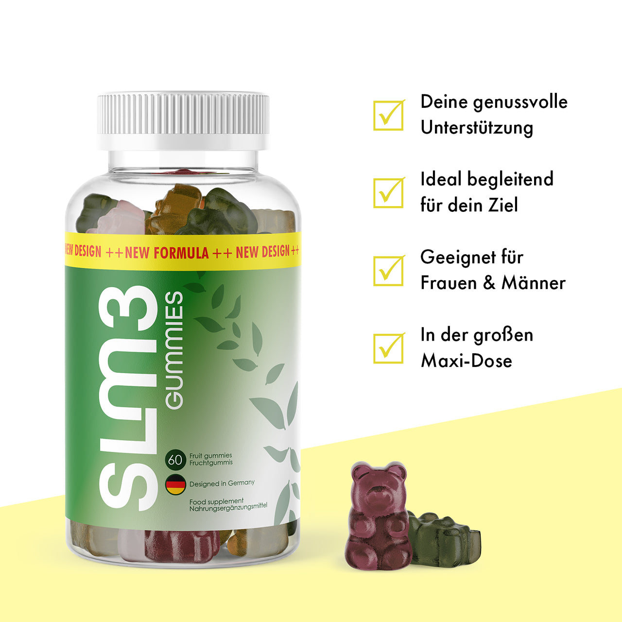 Transparente Slm3 Gummies Dose mit grünem Etikett, Fruchtgummis und Infopunkten rechts daneben