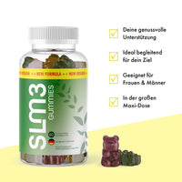 Thumbnail for Transparente Slm3 Gummies Dose mit grünem Etikett, Fruchtgummis und Infopunkten rechts daneben