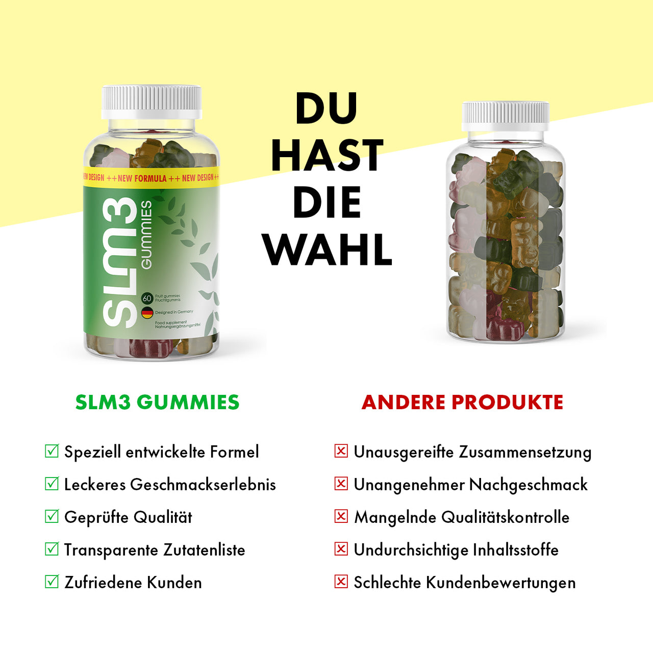 Slm3 Gummies Dose neben anderer Dose, mit Vergleich zu Vorteilen, Nachteilen und Bewertungssymbolen