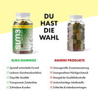 Thumbnail for Slm3 Gummies Dose neben anderer Dose, mit Vergleich zu Vorteilen, Nachteilen und Bewertungssymbolen