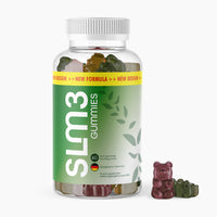 Thumbnail for Slm3 Gummies Dose mit grünem Etikett, Fruchtgummis innen und zwei Gummies rechts daneben