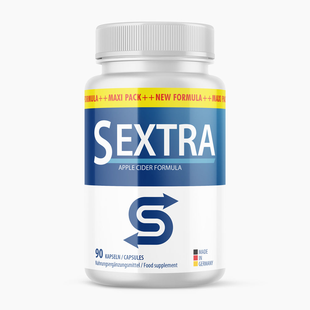 Dose mit blauem Etikett und Schrift Sextra Apple Cider Formula, 90 Kapseln
