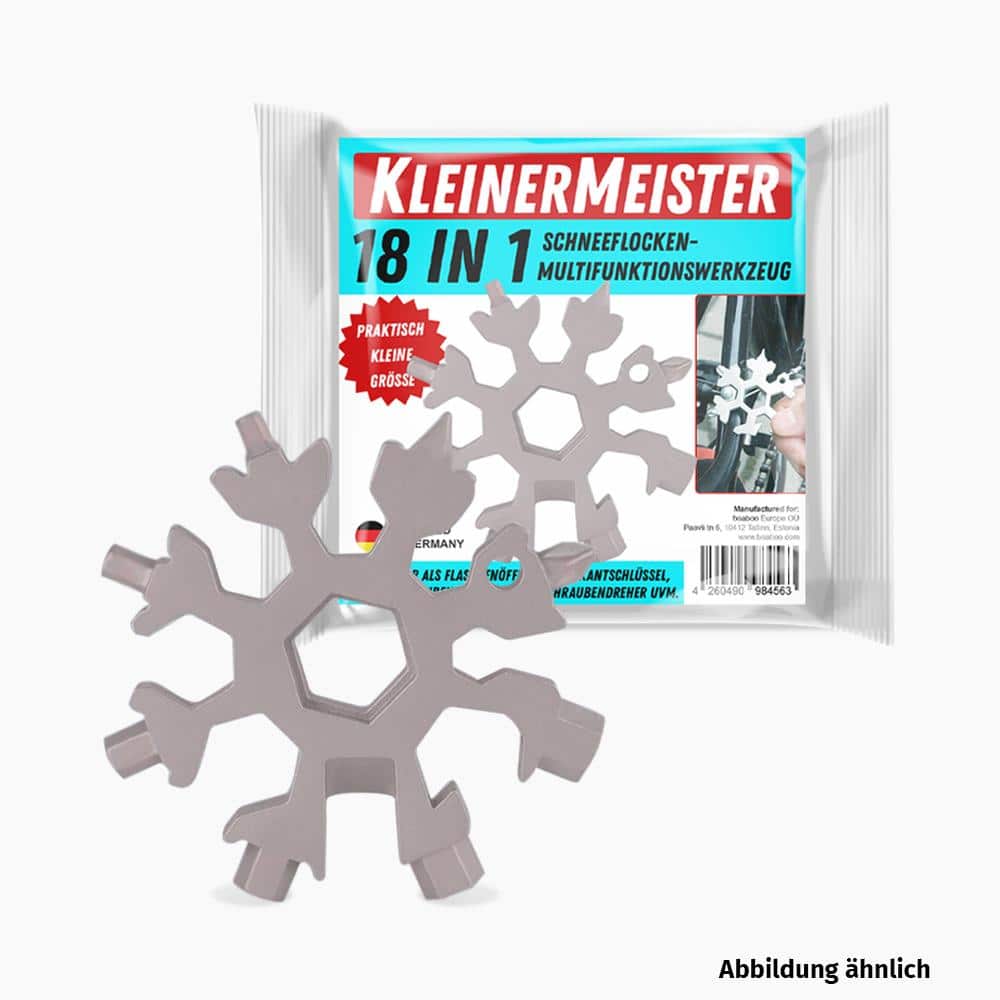 Schneeflockenförmiges Metallwerkzeug vor Verpackung mit Aufschrift KleinerMeister 18 in 1