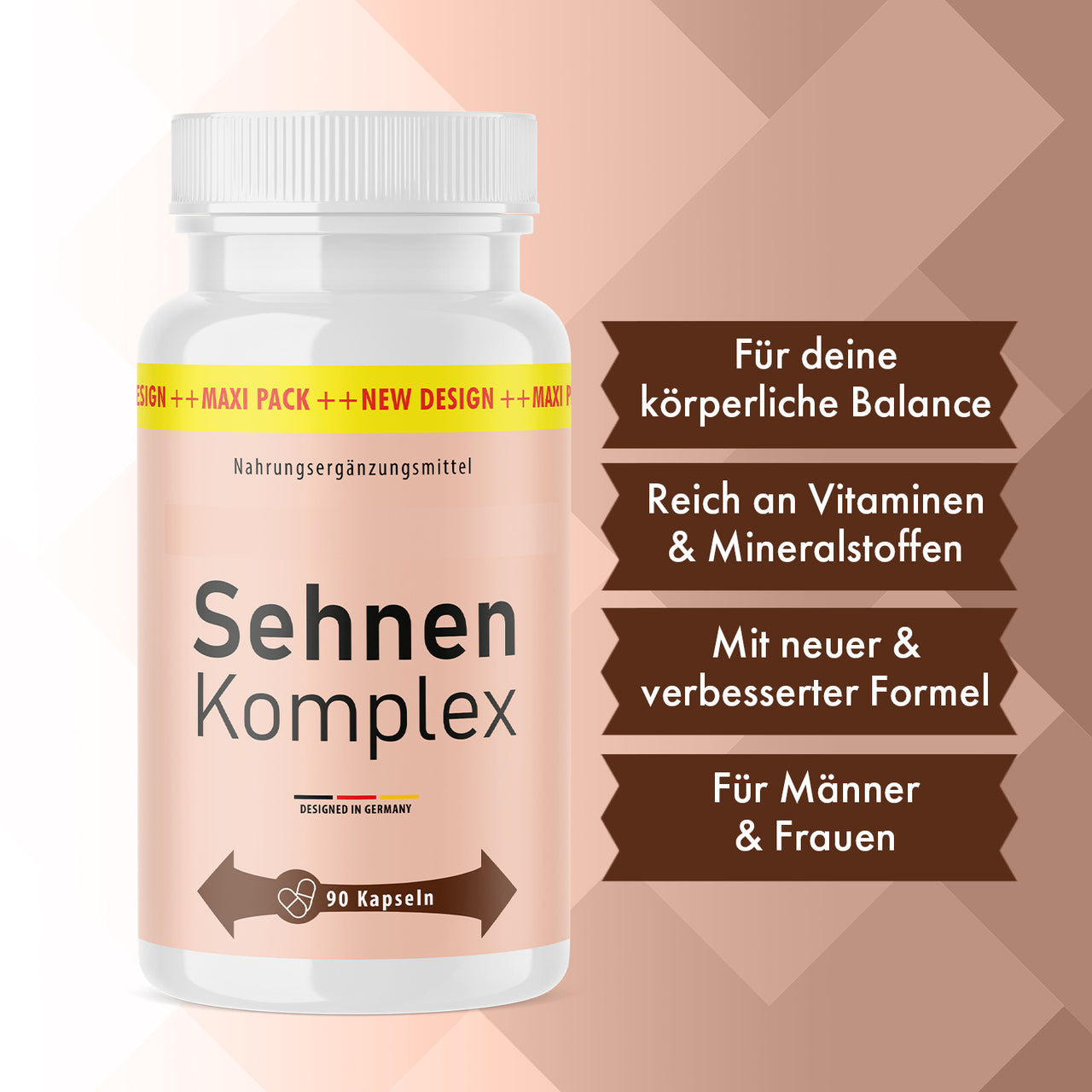 Weiße Dose Sehnen Komplex mit Angabe 90 Kapseln, daneben vier braune Kästen mit Infopunkten