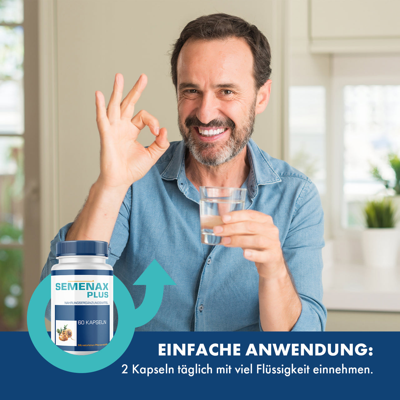 Mann hält Wasserglas und zeigt Handzeichen, daneben Dose Semenax Plus mit Einnahmehinweis unten