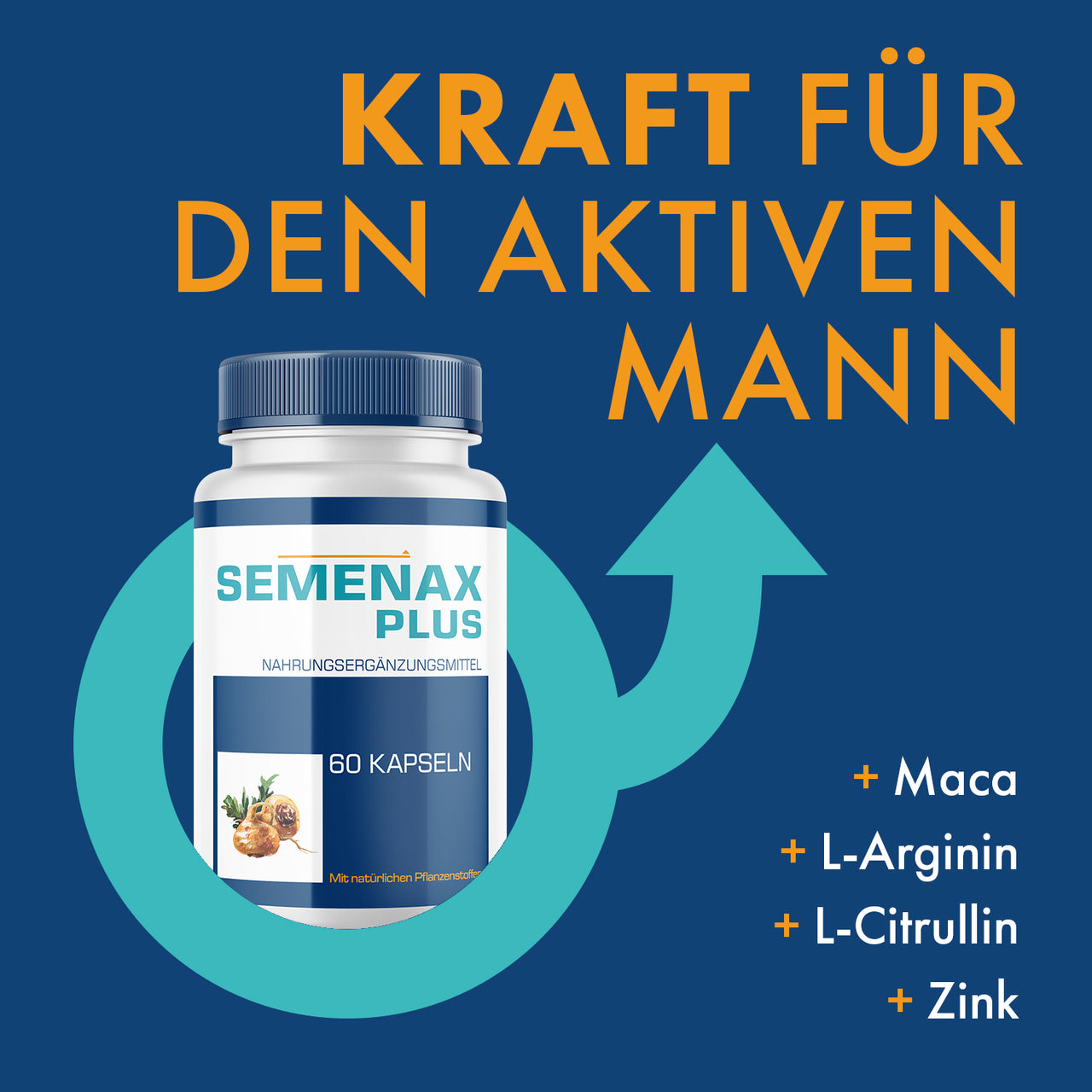 Dose Semenax Plus mit 60 Kapseln, blauem Etikett, Männer-Symbol und Inhaltsstoffen rechts sichtbar