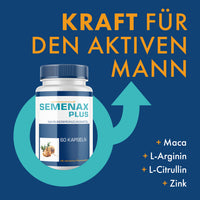 Thumbnail for Dose Semenax Plus mit 60 Kapseln, blauem Etikett, Männer-Symbol und Inhaltsstoffen rechts sichtbar