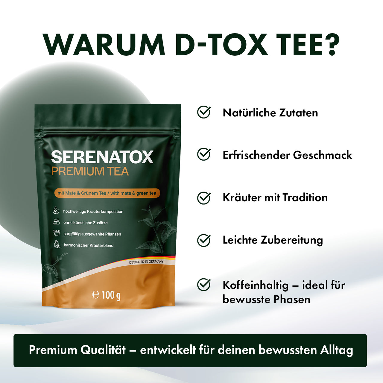 Verpackung Serenatox Premium Tea, daneben fünf Stichpunkte mit Symbolen und Text