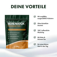Thumbnail for Beutel Serenatox Premium Tea 100 g, rechts Liste mit fünf Angaben und Symbolen