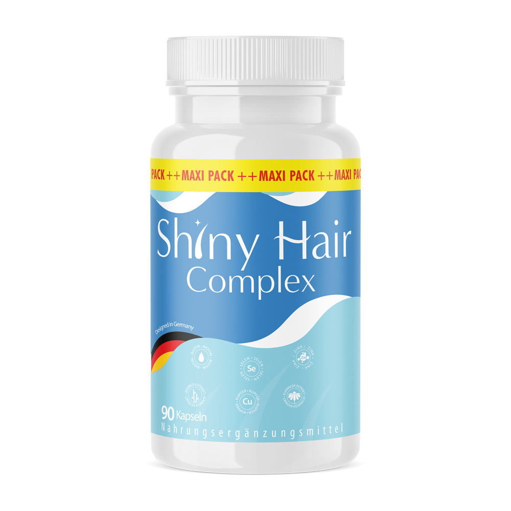 Weiße Kunststoffdose mit blauem Etikett Shiny Hair Complex 90 Kapseln