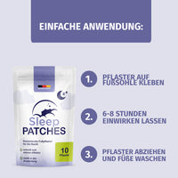 Thumbnail for Beutel Sleep Patches mit 10 Pflastern und Anleitung mit drei Schritten zum Aufkleben am Fuß