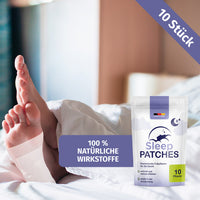Thumbnail for Füße mit Pflaster im Bett neben Sleep Patches Beutel, violettem Textfeld und Hinweis 10 Stück