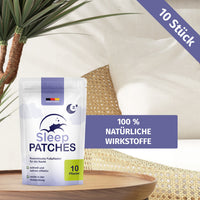 Thumbnail for Sleep Patches Beutel mit 10 Pflastern auf Tisch, violettem Textfeld und Hinweis 10 Stück oben