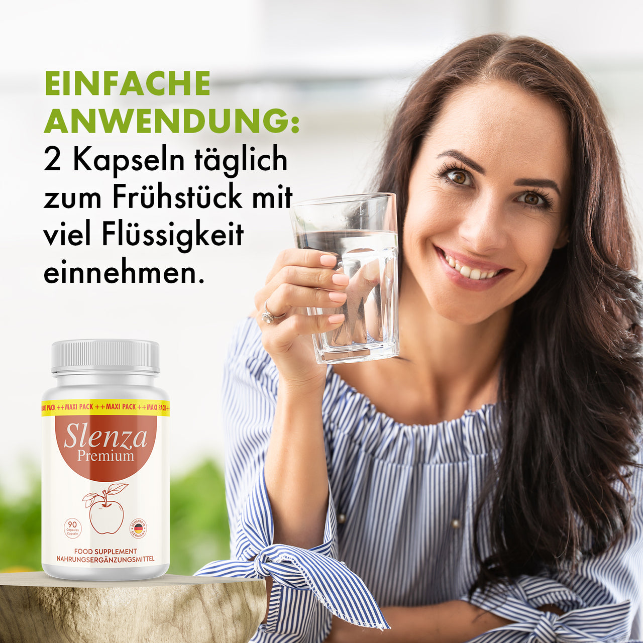 Dose Slenza Premium neben Frau mit Wasserglas und sichtbarem Dosierhinweis im Bild zu 2 Kapseln