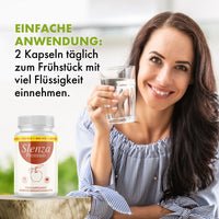 Thumbnail for Dose Slenza Premium neben Frau mit Wasserglas und sichtbarem Dosierhinweis im Bild zu 2 Kapseln