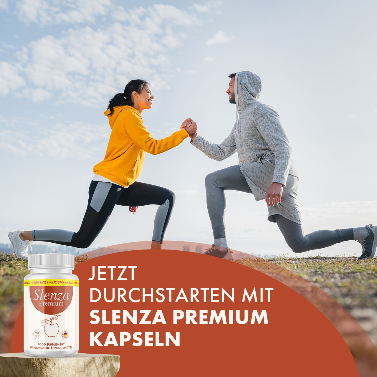 Dose Slenza Premium neben zwei trainierenden Personen bei Ausfallschritten im Freien gezeigt