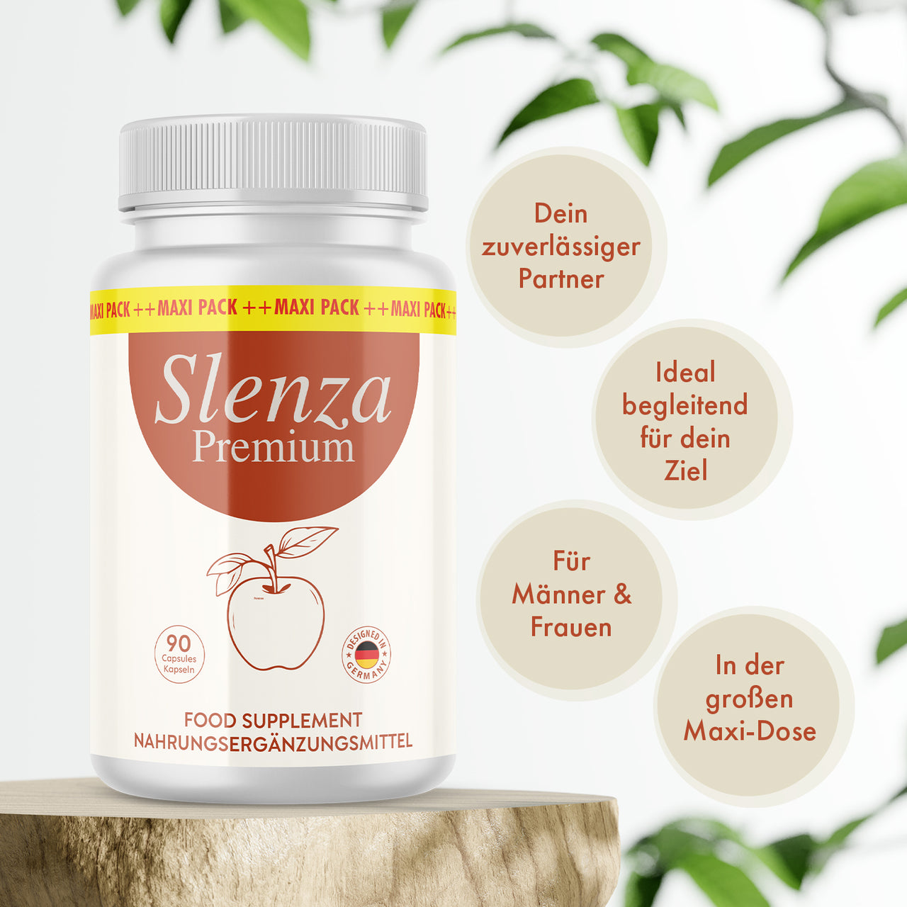 Dose Slenza Premium mit 90 Kapseln auf Holzpodest und sichtbaren Produktmerkmalen im Hintergrund