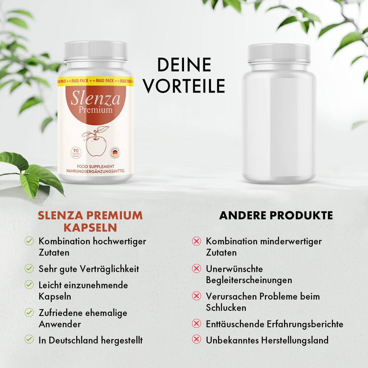 Slenza Premium wird einer neutralen Dose mit Listen zu Vorteilen und Nachteilen gegenübergestellt