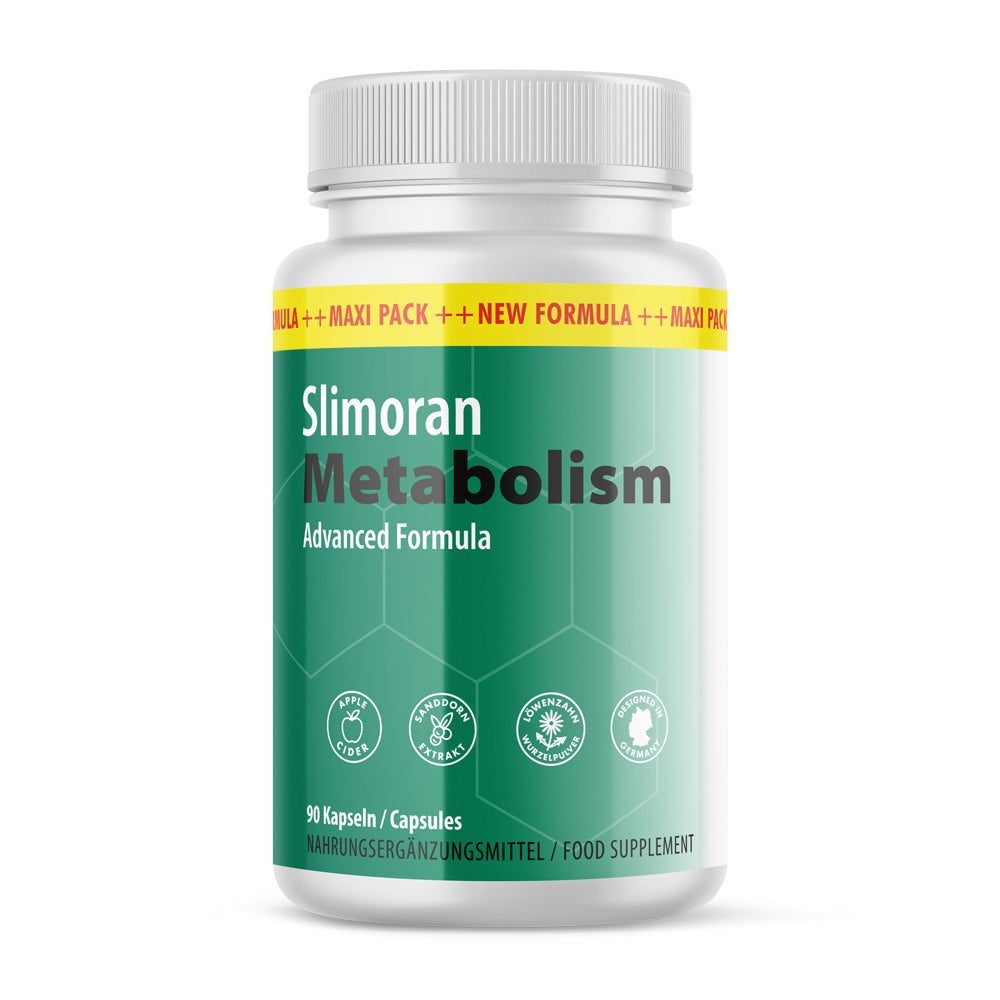 Dose Slimoran Metabolism mit neuer Formel und im Maxi-Pack mit 90 Kapseln unter anderem mit Sanddorn und Löwenzahn Extrakt