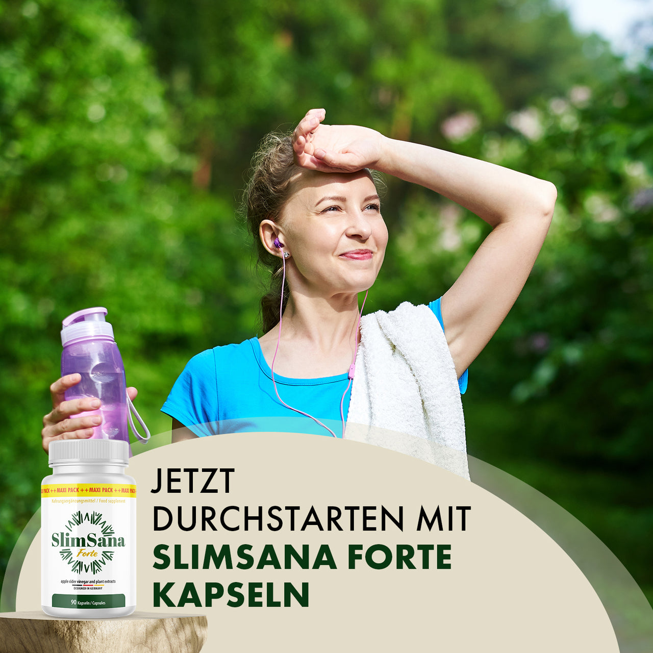 Frau im Grünen mit Trinkflasche und Handtuch, Text „Jetzt durchstarten…“, SlimSana-Dose