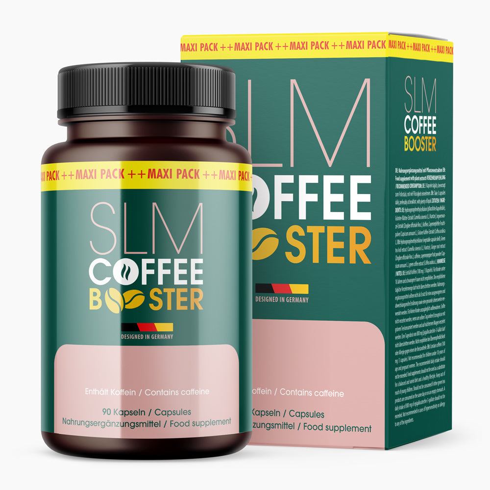 SLM Coffee Booster in Dose mit passender Verpackung sowie Maxi-Pack-Band und 90 Kapseln sichtbar