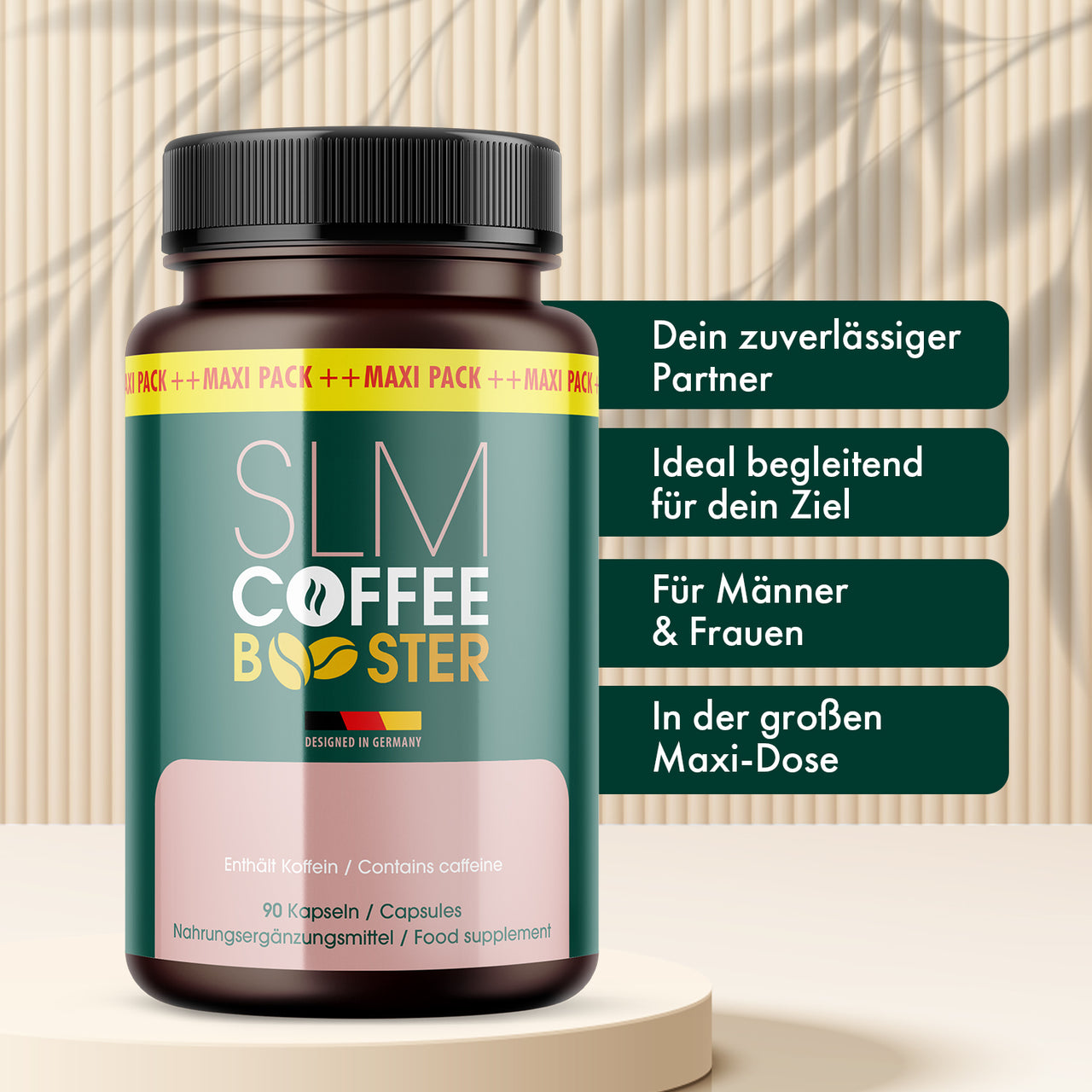 SLM Coffee Booster in Dose mit Infokästen zu sichtbaren Produktmerkmalen und 90 Kapseln sichtbar
