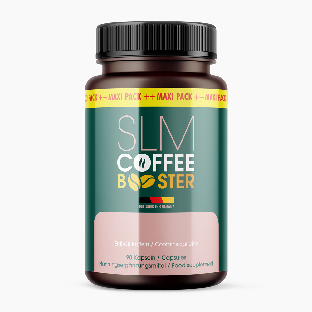 Dose des Nahrungsergänzungsmittels SLM Coffee Booster mit Maxi-Pack-Band und 90 Kapseln sichtbar
